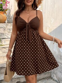 SHEIN VCAY Plus Size Women's Polka Dot Pleated Casual Party Travel Spaghetti Strap Dress - Multicolor - View 3