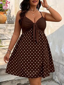 SHEIN VCAY Plus Size Women's Polka Dot Pleated Casual Party Travel Spaghetti Strap Dress - Multicolor - View 1