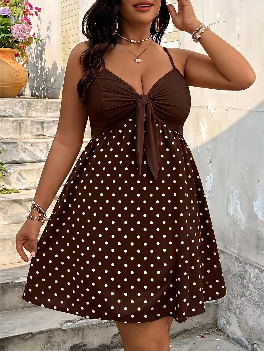 SHEIN VCAY Plus Size Women's Polka Dot Pleated Casual Party Travel Spaghetti Strap Dress - Multicolor - View 1