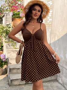 SHEIN VCAY Plus Size Women's Polka Dot Pleated Casual Party Travel Spaghetti Strap Dress - Multicolor - View 5