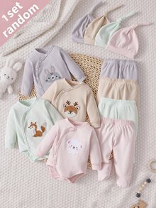 SHEIN Vintaside Kids 新生兒嬰兒 1件卡通圖案連身衣 + 1件褲子 + 1件帽子 - 彩色 - 查看 1