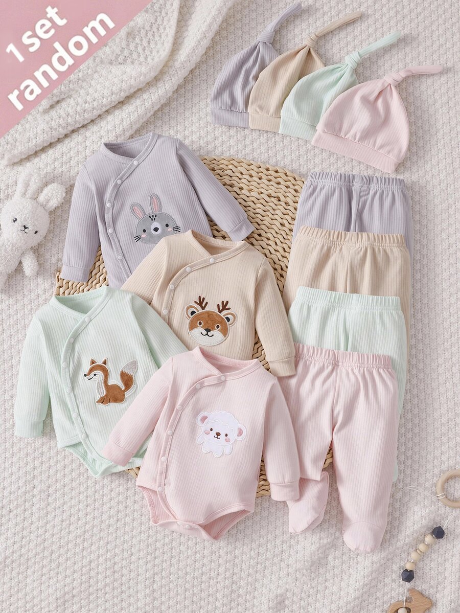 SHEIN Vintaside Kids 新生兒嬰兒 1件卡通圖案連身衣 + 1件褲子 + 1件帽子 - 彩色 - 查看 1