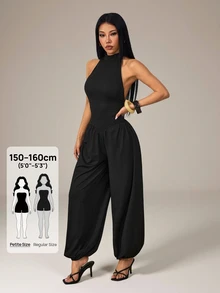 Women's Black Summer Sexy Fashion Night Out Jumpsuit, Backless Spaghetti Strap Lantern Pants, High Elastic Knit Commute Workwear Vacation Outfit - Black - View 6
