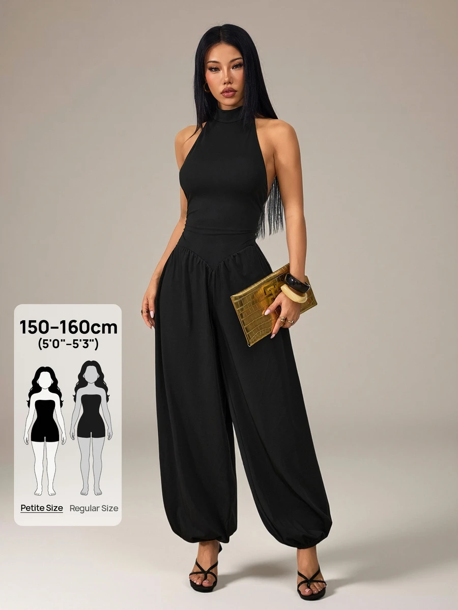 Women's Black Summer Sexy Fashion Night Out Jumpsuit, Backless Spaghetti Strap Lantern Pants, High Elastic Knit Commute Workwear Vacation Outfit - Black - View 1