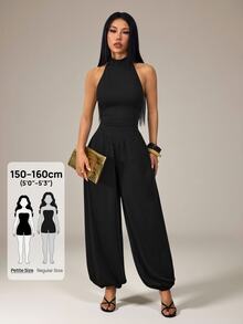 Women's Black Summer Sexy Fashion Night Out Jumpsuit, Backless Spaghetti Strap Lantern Pants, High Elastic Knit Commute Workwear Vacation Outfit - Black - View 5