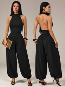 Women's Black Summer Sexy Fashion Night Out Jumpsuit, Backless Spaghetti Strap Lantern Pants, High Elastic Knit Commute Workwear Vacation Outfit - Black - View 4