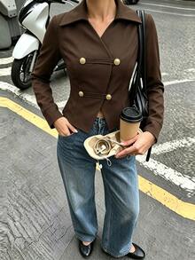 SHEIN Franclia Dark Brown Lapel Asymmetrical Gold Button Cinched Waist Cropped Jacket Women Slim Fit Flattering Commuter Spring Autumn Hot Girl Vintage Elegant Style - Brown - View 4
