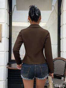SHEIN Franclia Dark Brown Lapel Asymmetrical Gold Button Cinched Waist Cropped Jacket Women Slim Fit Flattering Commuter Spring Autumn Hot Girl Vintage Elegant Style - Brown - View 3