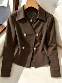 SHEIN Franclia Dark Brown Lapel Asymmetrical Gold Button Cinched Waist Cropped Jacket Women Slim Fit Flattering Commuter Spring Autumn Hot Girl Vintage Elegant Style - Brown - View 2