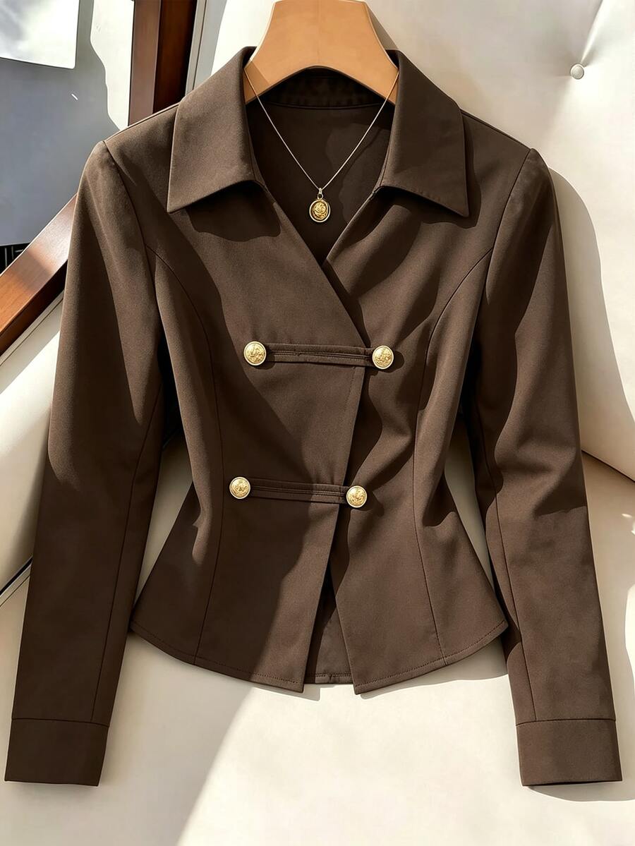 SHEIN Franclia Dark Brown Lapel Asymmetrical Gold Button Cinched Waist Cropped Jacket Women Slim Fit Flattering Commuter Spring Autumn Hot Girl Vintage Elegant Style