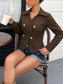 SHEIN Franclia Dark Brown Lapel Asymmetrical Gold Button Cinched Waist Cropped Jacket Women Slim Fit Flattering Commuter Spring Autumn Hot Girl Vintage Elegant Style - Brown - View 7