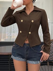 SHEIN Franclia Dark Brown Lapel Asymmetrical Gold Button Cinched Waist Cropped Jacket Women Slim Fit Flattering Commuter Spring Autumn Hot Girl Vintage Elegant Style - Brown - View 5