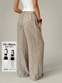 SHEIN Tall 女款休閒彈性腰條紋亞麻質感寬鬆直筒寬腿長褲 - 彩色 - 查看 3