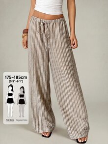 SHEIN Tall 女款休閒彈性腰條紋亞麻質感寬鬆直筒寬腿長褲 - 彩色 - 查看 2