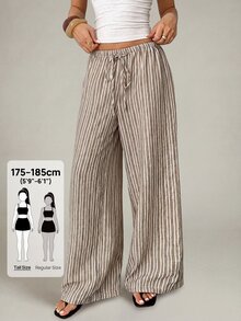 SHEIN Tall 女款休閒彈性腰條紋亞麻質感寬鬆直筒寬腿長褲 - 彩色 - 查看 4
