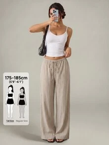 SHEIN Tall 女款休閒彈性腰條紋亞麻質感寬鬆直筒寬腿長褲 - 彩色 - 查看 5