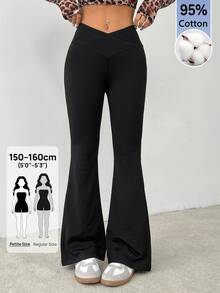 SHEIN PETITE Simple Solid Color Wrap High Waist Flared Pants - Black - View 4