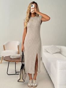 SHEIN LUNE Women's Textured Faux Fur Mid-Length Dress, Autumn/Winter - Apricot - View 4