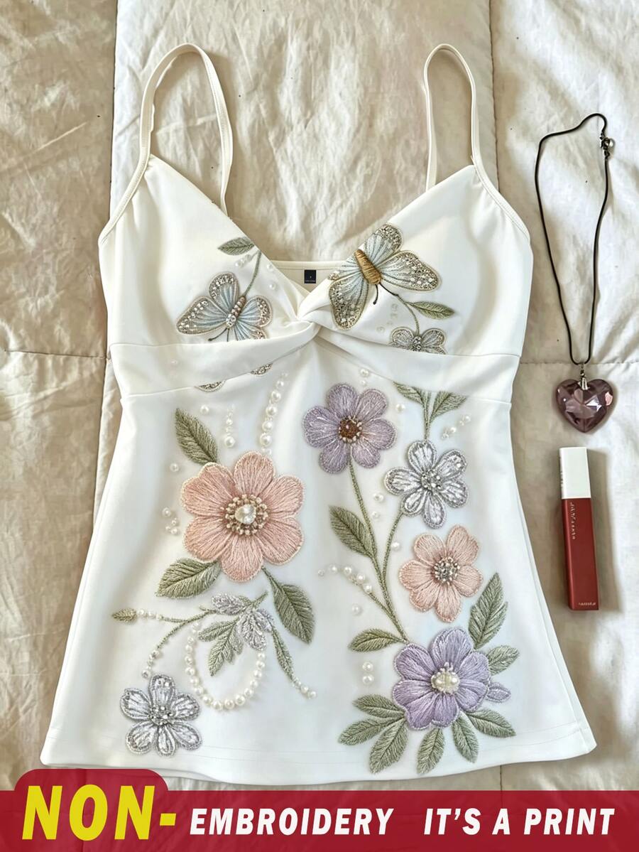 IslaSuriya Women Floral & Butterfly Embroidered Camisole Top - Multicolor - View 1