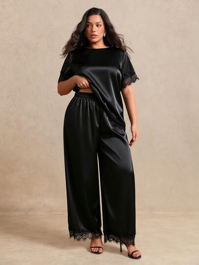 Juhart Conjunto casual de uso diario para mujer talla grande con top de manga corta con ribete de encaje y pantalones largos