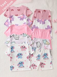 (5 Sets Randomly Sent 1 Set) Girls' Knitted Round Neck Pink Purple Light Pink White Cartoon Pattern Heart Star Flower Cat Print Comfortable Casual Simple Fitted Homewear Summer - Multicolor - View 2