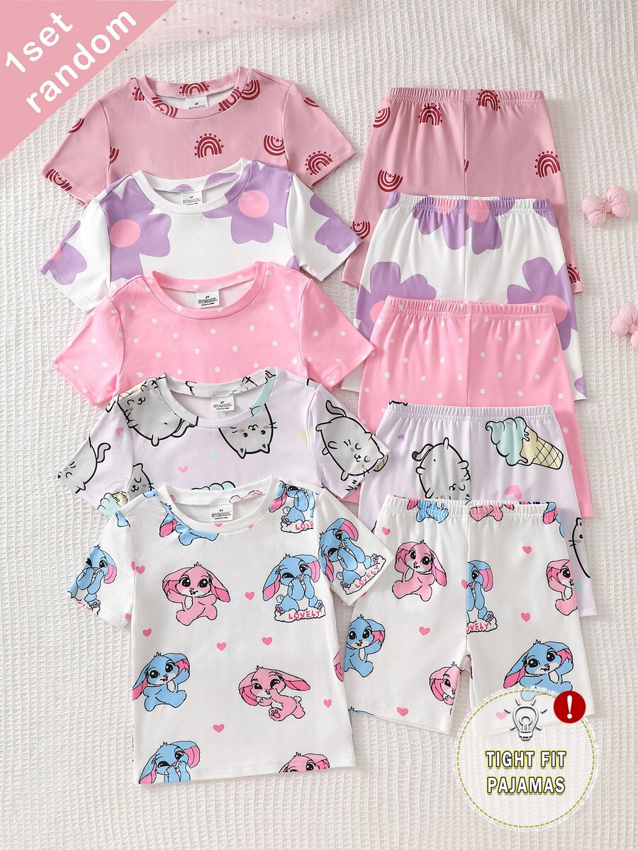 (5 Sets Randomly Sent 1 Set) Girls' Knitted Round Neck Pink Purple Light Pink White Cartoon Pattern Heart Star Flower Cat Print Comfortable Casual Simple Fitted Homewear Summer - Multicolor - View 1