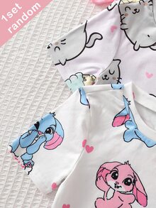 (5 Sets Randomly Sent 1 Set) Girls' Knitted Round Neck Pink Purple Light Pink White Cartoon Pattern Heart Star Flower Cat Print Comfortable Casual Simple Fitted Homewear Summer - Multicolor - View 6