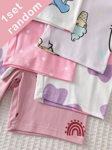 (5 Sets Randomly Sent 1 Set) Girls' Knitted Round Neck Pink Purple Light Pink White Cartoon Pattern Heart Star Flower Cat Print Comfortable Casual Simple Fitted Homewear Summer - Multicolor - View 4