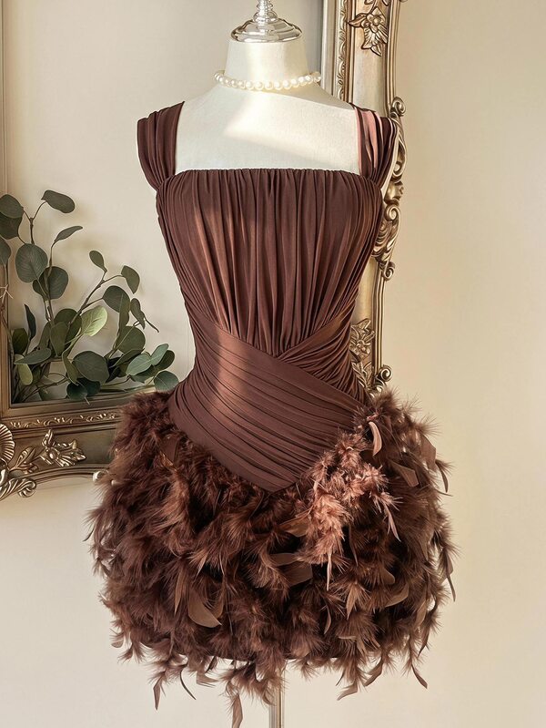 Lovelzi Elegant Glamorous Chocolate Brown Sequin Mesh Feather Trim Ruched Square Neck Wide Strap Bodycon Mini Prom Homecoming Cocktail Party Dress