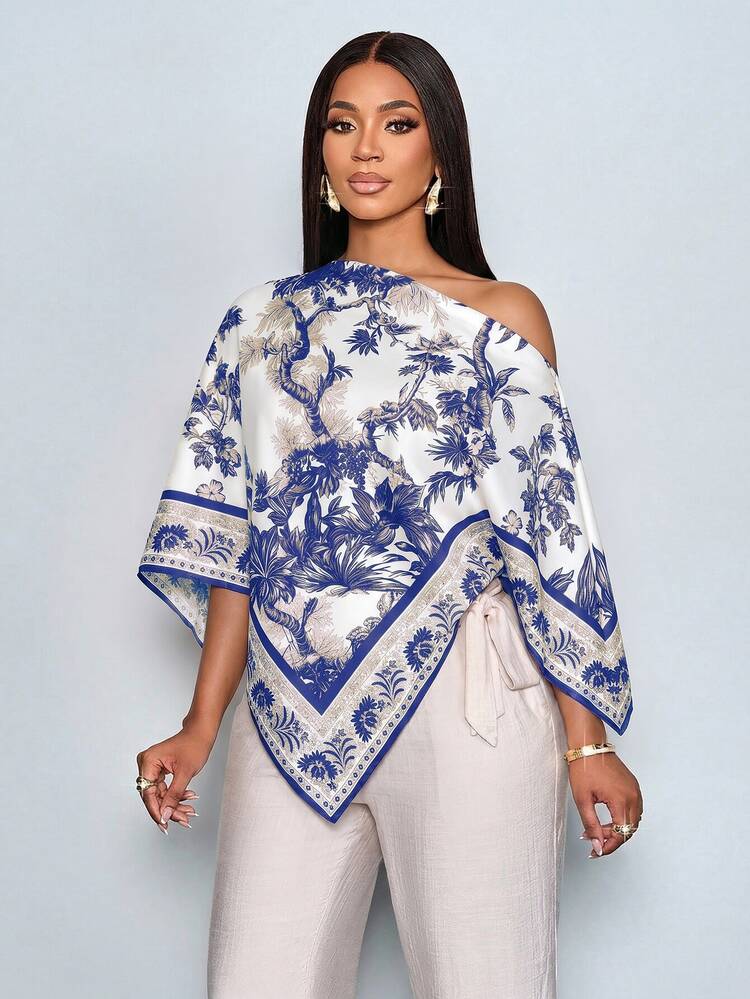 SOLERSUN Women's Summer Elegant Party Asymmetric Neck Long Sleeve Asymmetrical Hem Blouse Vintage Sunset Holiday Print Batwing Sleeve Tops - Multicolor - View 6