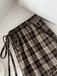 Elamini 女款棕色格紋休閒長褲，低腰、口袋、抽繩、彈性腰帶，學院風秋季 - 棕色 - 查看 6