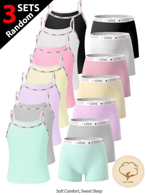 Set 3 Potong Acak untuk Anak Perempuan Remaja, Model Sederhana, Warna Polos, Seri Bra Camisole Tanpa Kawat & Celana Dalam Hipster Empat Sudut yang Nyaman, Kombo Pakaian Dalam 4-Set