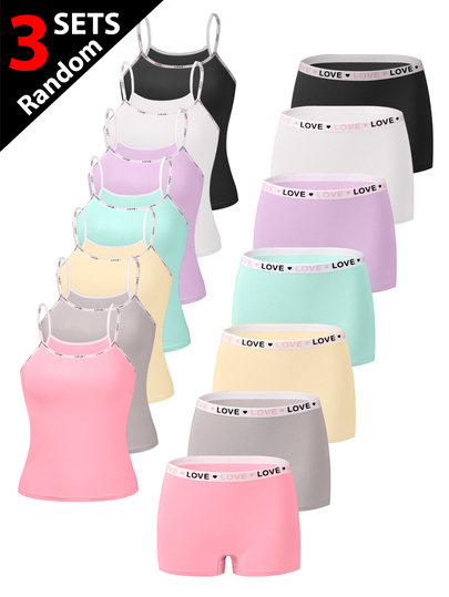 Random 3 Pieces Set Girl's Tween Girl Simple Fashion Solid Color Series Wireless Camisole Bra & Comfortable Four-Corner Hipster Panties 4-Set Underwear Combo