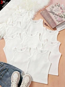 Girls' Round Neck Versatile Casual Sleeveless Tank Tops, 3 Pieces Set - White - View 7