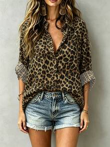 SHEIN Kemeja Wanita Lengan Panjang Motif Leopard Kancing Depan untuk Acara Malam Liburan Musim Gugur Cokelat Seksi - MultiWarna - View 3