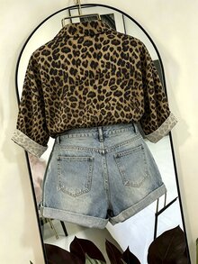 SHEIN Kemeja Wanita Lengan Panjang Motif Leopard Kancing Depan untuk Acara Malam Liburan Musim Gugur Cokelat Seksi - MultiWarna - View 2