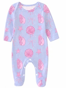 SHEIN 【1件隨機發送】新生兒長袖連身連腳褲，清新海洋水母與海馬印花，甜美可愛風，柔軟親膚舒適面料，嬰兒居家睡眠、日常外出穿著、爬行服 - 彩色 - 查看 8