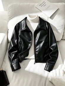 SHEIN 女童街頭風休閒時尚純色翻領長袖拉鍊PU機車夾克，適中厚度，派對穿著，秋季冬季衣物 - 黑色 - 查看 6