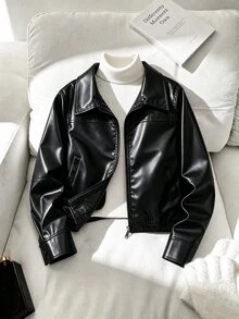 SHEIN 女童街頭風休閒時尚純色翻領長袖拉鍊PU機車夾克，適中厚度，派對穿著，秋季冬季衣物 - 黑色 - 查看 4