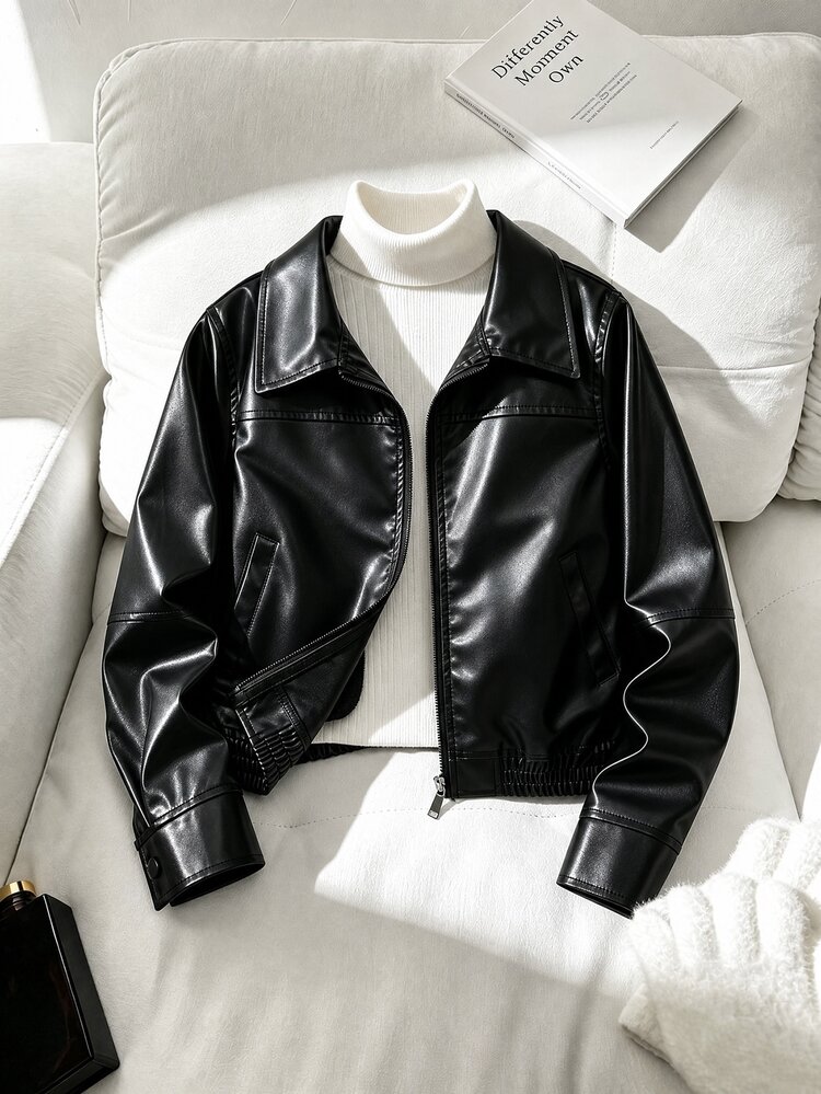 SHEIN Girls' Street Style Casual Fashion Solid Color Lapel Long Sleeve Zipper PU Motorcycle Jacket, Regular Thickness, Suitable For Daily Wear, Parties, Vacations All Seasons - Black - View 3