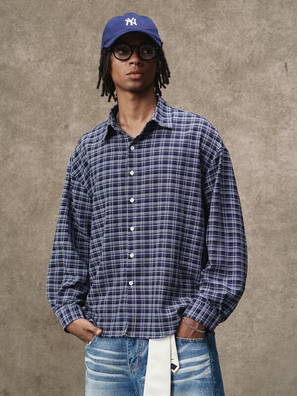 TOKVUE Men's Navy Blue Plaid Shirt, Autumn Casual Vacation Back To School Short Sleeve Plaid Shirt, Classic Style, Also Suitable For Formal Evening Occasions