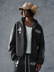 PAVTROS Men's Letter Print Zip-Up Hoodie And Drawstring Waist Pocket Shorts Set - Grey - View 3