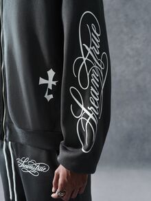 PAVTROS Men's Letter Print Zip-Up Hoodie And Drawstring Waist Pocket Shorts Set - Grey - View 4