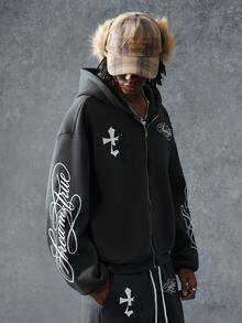 PAVTROS Men's Letter Print Zip-Up Hoodie And Drawstring Waist Pocket Shorts Set - Grey - View 1