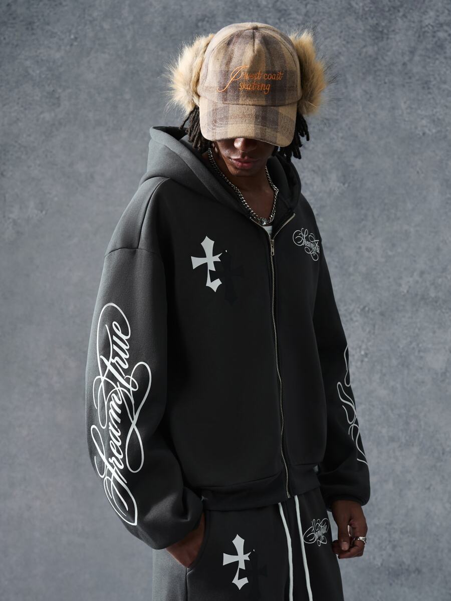 PAVTROS Men's Letter Print Zip-Up Hoodie And Drawstring Waist Pocket Shorts Set - Grey - View 1
