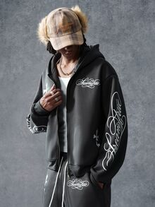 PAVTROS Men's Letter Print Zip-Up Hoodie And Drawstring Waist Pocket Shorts Set - Grey - View 5