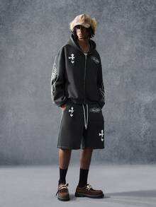 PAVTROS Men's Letter Print Zip-Up Hoodie And Drawstring Waist Pocket Shorts Set - Grey - View 6