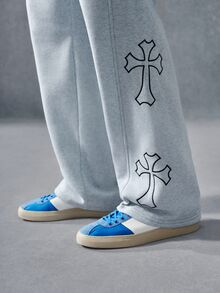 PAVTROS 男士夏季休閒運動束口長褲，十字刺繡設計，抽繩彈性腰頭，適合度假 Y2K 風格運動褲，男士 3D 刺繡運動長褲 - 淺灰色 - 查看 6