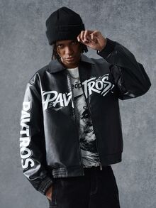 PAVTROS Men's Autumn/Winter Text Zipper PU Leather Jacket - Black - View 2