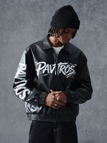 PAVTROS Men's Autumn/Winter Text Zipper PU Leather Jacket - Black - View 4